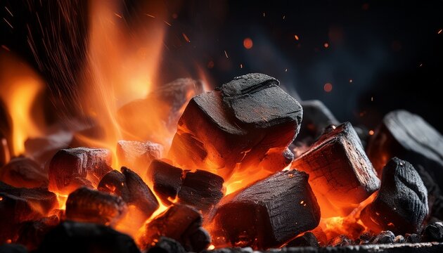 Closeup Of Hot Charcoal In Dark Environment