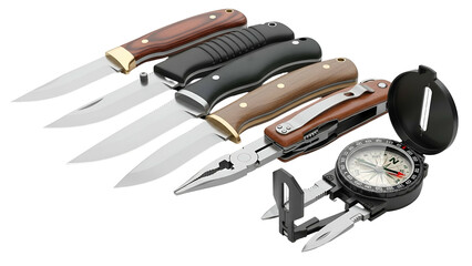 Multiple knives & compass on black. Knives with wood, black, & tan handles, & multi-tool