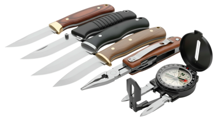 Multiple knives & compass on black. Knives with wood, black, & tan handles, & multi-tool