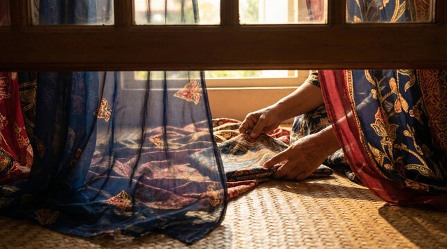 Delicate hands arrange vibrant fabrics on a mat, ideal for illustrating cozy home decor and artistic textile design.