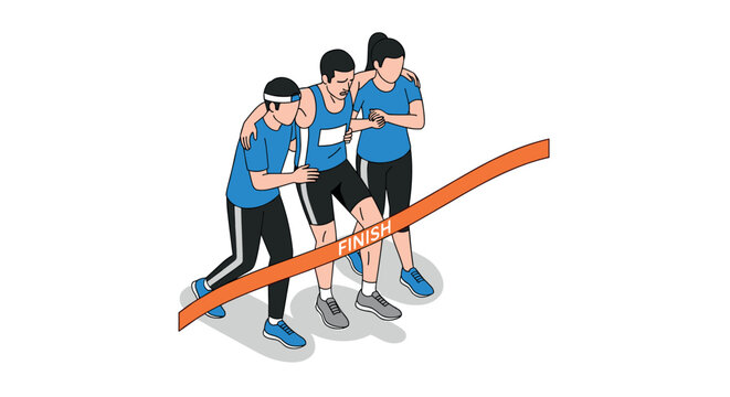 Supportive teammates helping exhausted runner cross the finish line - Powered by Adobe