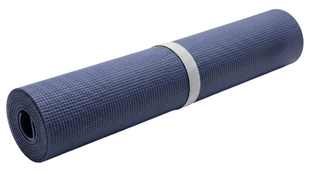 Rolled-up blue exercise mat secured with a white strap against a black background (1)