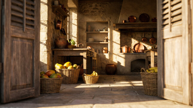 Cozy rustic kitchen featuring fruit baskets and stone walls, ideal for interior design projects or cooking articles.