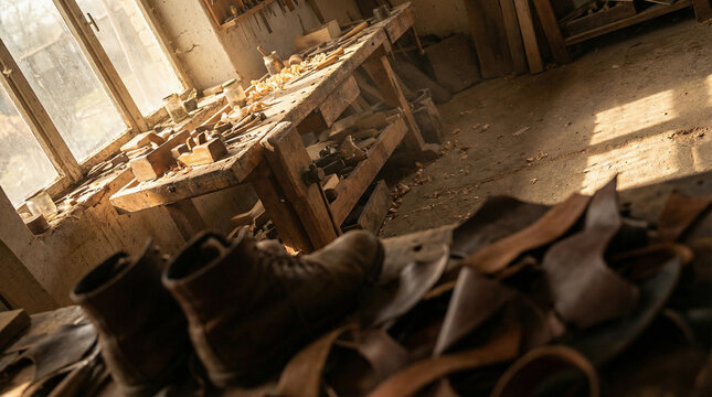 Interior view of a rustic workshop with leather scraps and tools, ideal for showcasing artisan craftsmanship or DIY tutorials.