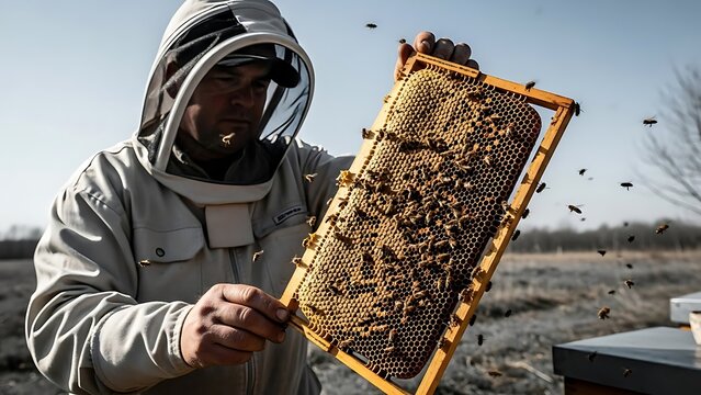 Beekeeper Inspecting Honeycomb Frame in Apiary