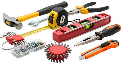 Assortment of construction hand tools arranged on a dark background