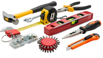 Assortment of construction hand tools arranged on a dark background