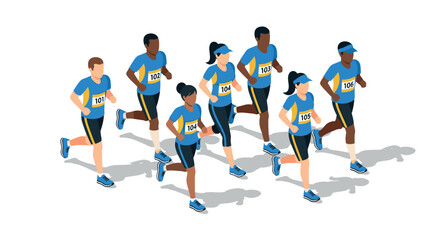 Diverse group of athletes running in an isometric marathon race