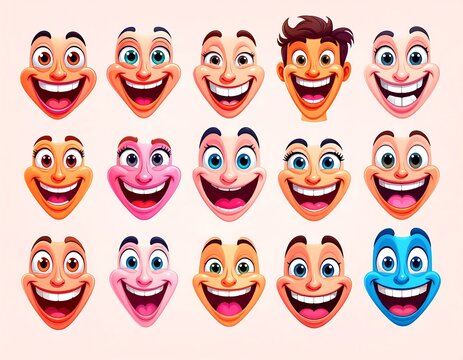 A collection of 15 stylized, smiling faces with diverse skin tones and eye colors, showcasing cheerful expressions