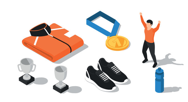 Isometric sports icons: fitness achievement concept with medals and trophies