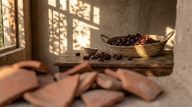 Rustic wooden table showcases a woven basket of dates and a small bowl, perfect for home decor or culinary presentations.