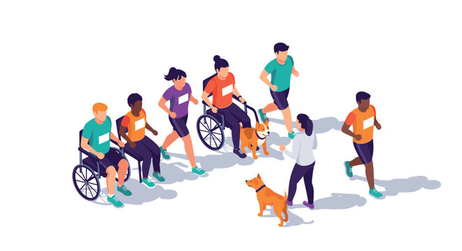 Diverse group of people running with guide dogs in an inclusive marathon