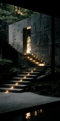 Obraz premium Dark concrete outdoor stairs with embedded warm pathway lights ascending toward bright foliage