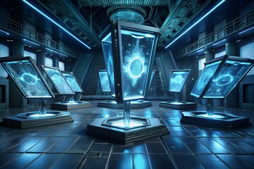 Futuristic holographic display pods in a high tech laboratory setting