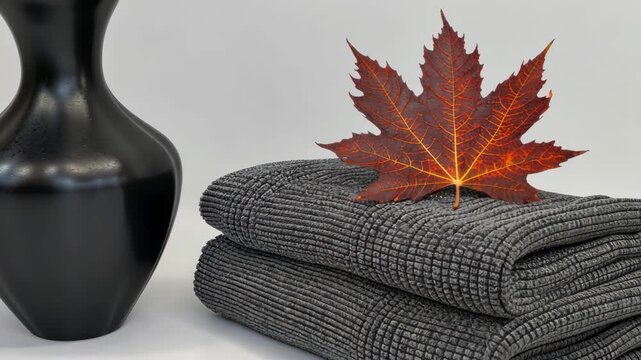 A stylish arrangement showcases a black vase, neatly stacked towels, and a colorful autumn leaf for an elegant touch