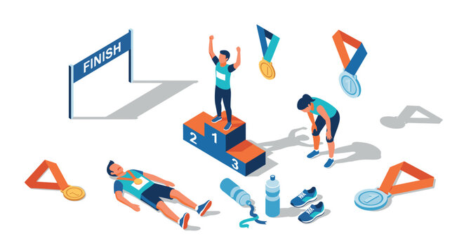 Isometric marathon victory scene with winners podium and medals