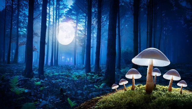 Enchanted Forest At Night With Glowing Mushrooms And Magical Moonlight Illuminating The Trees