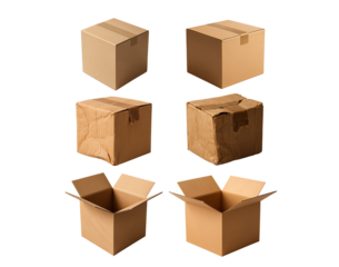 Cardboard Boxes in Various States: A collection of various cardboard boxes, presenting a comprehensive look at packaging and storage, from pristine to damaged condition.