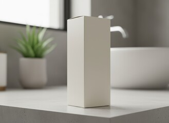 Blank rectangular box standing upright on a bathroom counter