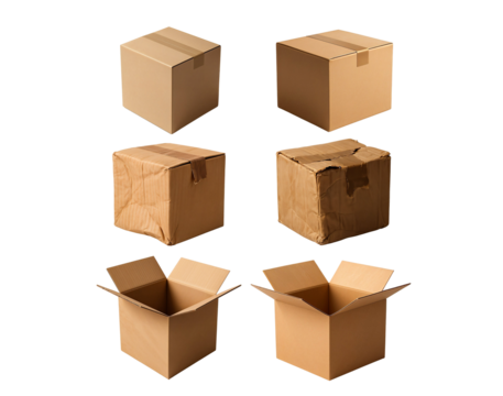 Cardboard Boxes in Various States: A collection of various cardboard boxes, presenting a comprehensive look at packaging and storage, from pristine to damaged condition.