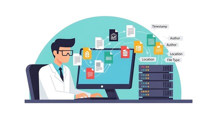 A scientist in a lab coat works on a computer with data visualization, connected to a server. Documents and information are exchanged