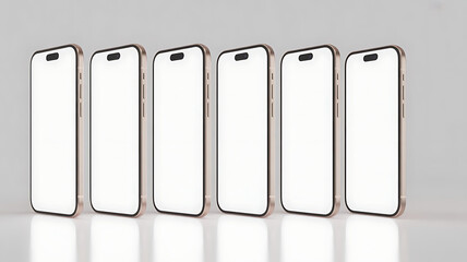 Six modern smartphones with blank white screens for app and website mockups