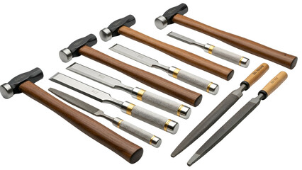 Group of chisels, hammers, and files, arranged on a dark surface, studio shot