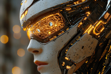 Futuristic cyborg head with glowing orange circuit visor. Intricate mechanical details merge human-like features, showcasing advanced AI technology. A captivating high-tech digital entity.