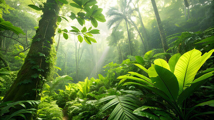 Lush jungle vegetation scene with sun rays shining through trees tropical forest environment with vibrant green plants and natural light creating serene atmosphere