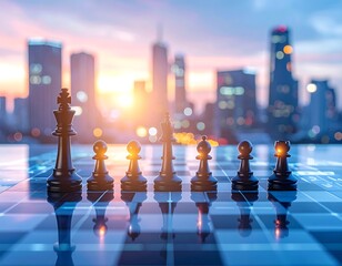 Chess pieces aligned on a board, reflected, with a blurred city skyline and colorful sky in the background
