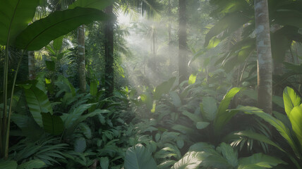 Sunlight shining through lush tropical plants in forest serene natural environment with dense vegetation creating peaceful atmosphere vibrant green scenery