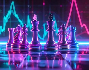 Chess pieces are arranged on a checkered board with financial graphs glowing in the background