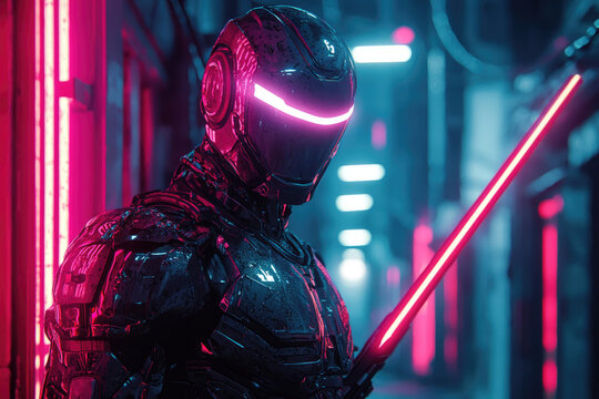 Cyberpunk warrior in sleek, wet armor with a glowing pink visor and red energy blade, standing in a neon-lit futuristic environment.