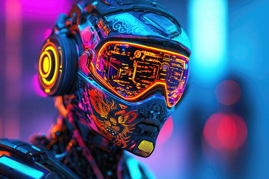 A futuristic cyberpunk cyborg head with a glowing circuit board visor, neon headphones, and intricate patterns against a vibrant background.