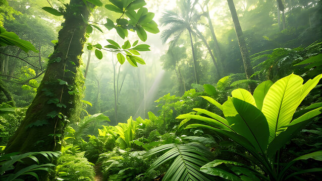 Lush jungle vegetation scene with sun rays shining through trees tropical forest environment with vibrant green plants and natural light creating serene atmosphere