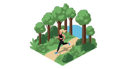Woman jogging on forest trail: isometric fitness scene in nature with trees and river