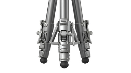 Close-up of a silver tripod base with locking mechanisms and ball feet on a black background