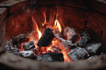 燃える薪と炭の焚き火