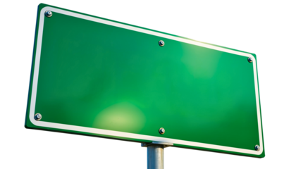 Green road sign on a pole, isolated against a white background. Detailed photograph, PNG file.