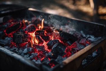 燃える炭火のクローズアップ