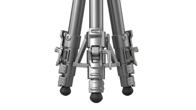Close-up of a silver tripod base with locking mechanisms and ball feet on a black background