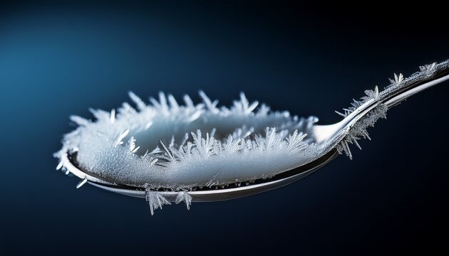 Close Up Of A Spoon Covered In Frost Crystals Against A Dark Background