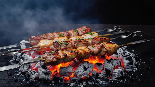 Appetizing pork shashlik grilling on metal skewers over hot charcoal embers. Aromatic smoke rising from the roasting meat for a summer barbecue party or restaurant menu