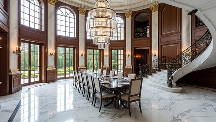 Opulent Dining Room with Grand Chandelier and Spiral Staircase.