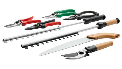 Collection of gardening tools, including shears, pruners, and hedge trimmers, on black
