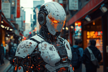 A futuristic robot with an intricately glowing orange face and detailed white armor stands on a bustling, neon-lit cyberpunk city street.