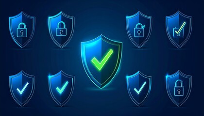 A collection of digital shields with glowing outlines, featuring locks and checkmarks, set against a dark blue background
