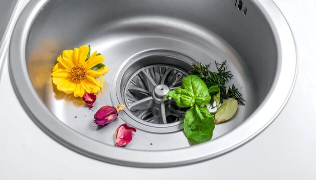 Bright kitchen sink with yellow flower, rose petals, greens, and a silver disposal unit