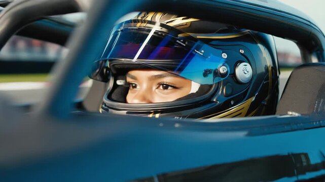 Close up of a professional female race car driver in a helmet focusing before a race. Intense concentration inside the cockpit of a high performance vehicle on the track