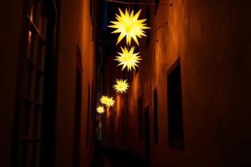 Festive Star Lanterns Hanging in a Dark Alleyway at Night